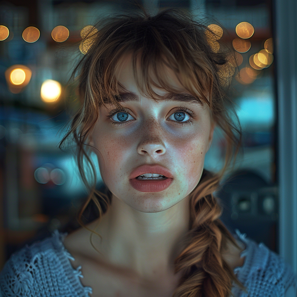 An extremely stunned woman outside a store | Source: Midjourney