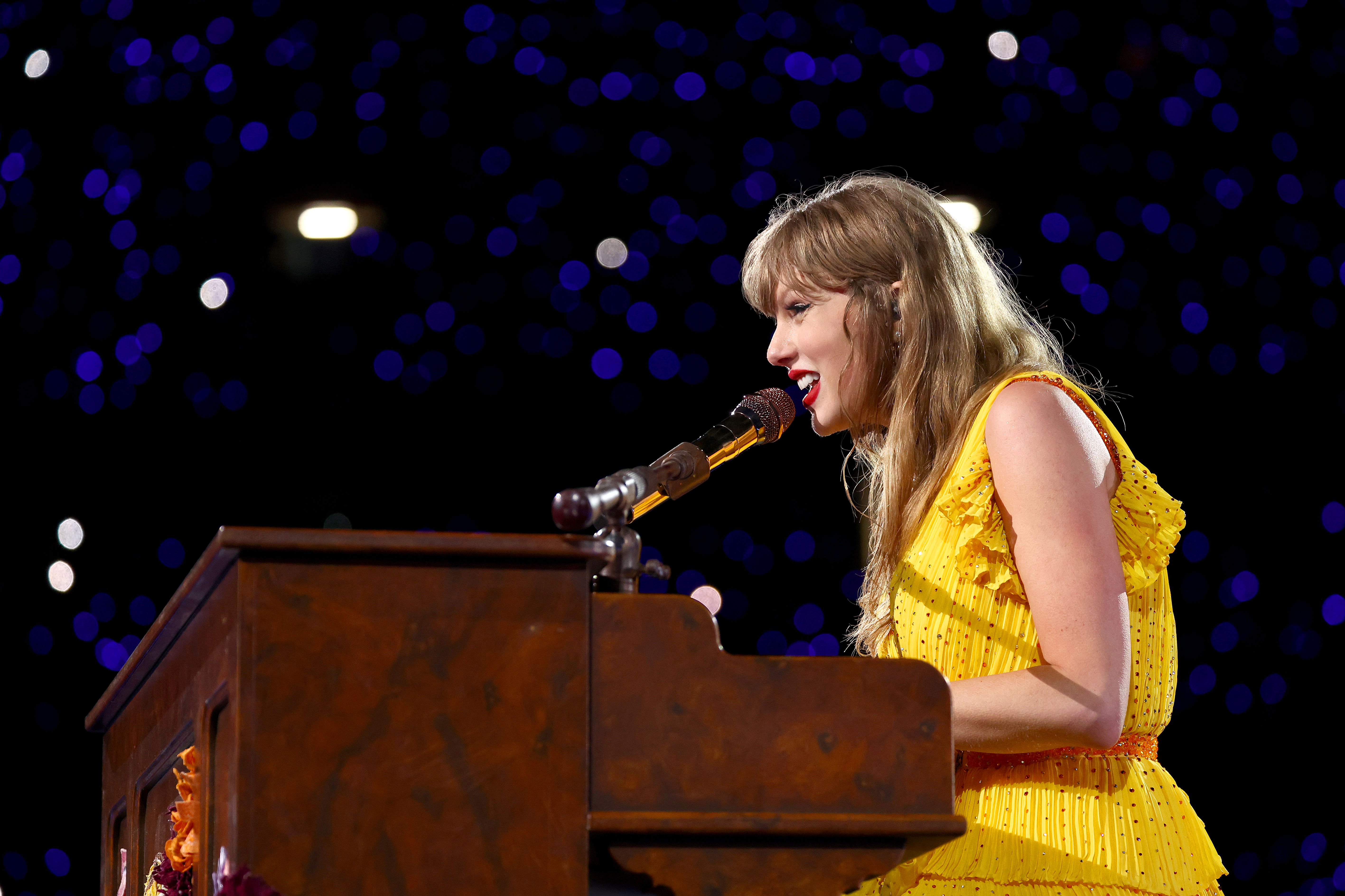 Taylor Swift performs at Melbourne Cricket Ground in Melbourne, Australia, on February 16, 2024. | Source: Getty Images