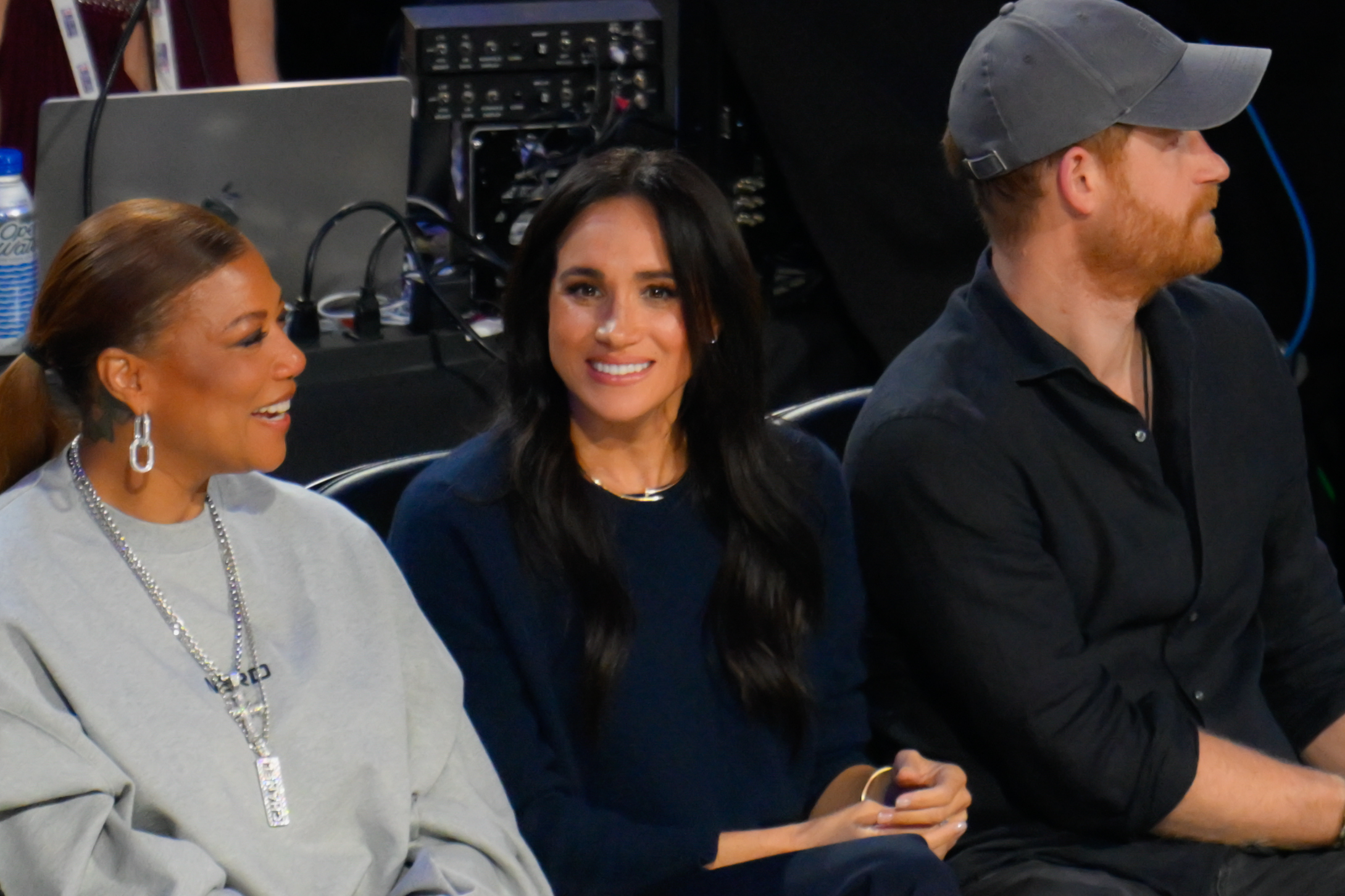 Queen Latifah, Meghan Markle, and Prince Harry at the 75th NBA All-Star Game on February 15, 2026, in California, United States. | Source: Getty Images