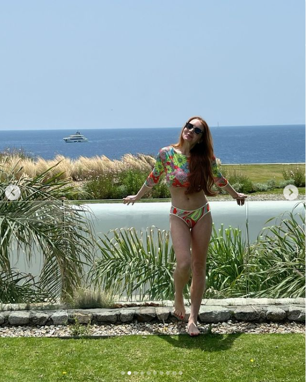 Lindsay Lohan wears colorful swimsuit on her vacation to Mykonos, Greece, dated May 2024. |Source: Instagram/lindsaylohan