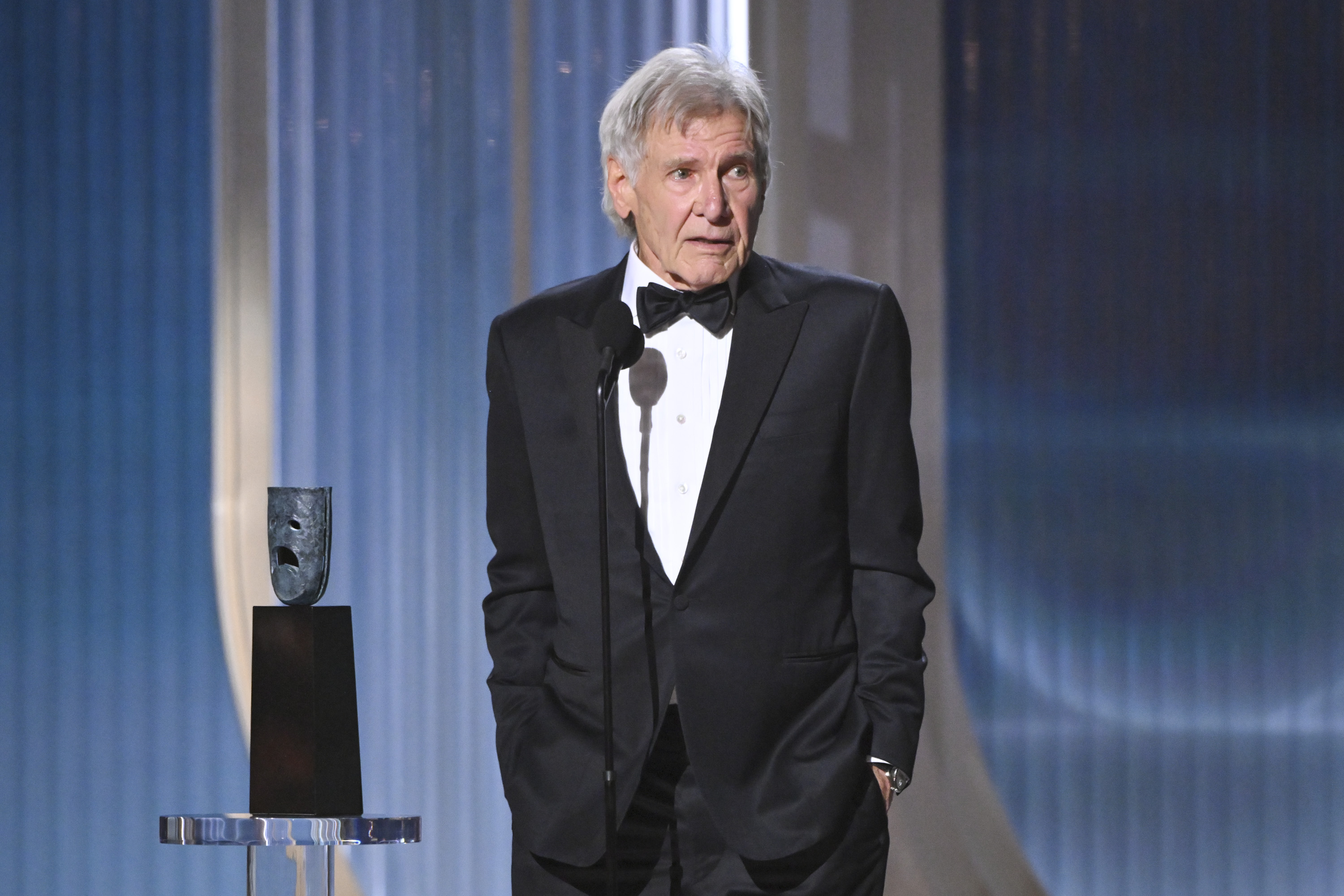 Harrison Ford accepts the award at the event held at Shrine Auditorium and Expo Hall in Los Angeles, California  on March 1, 2026. | Source: Getty Images