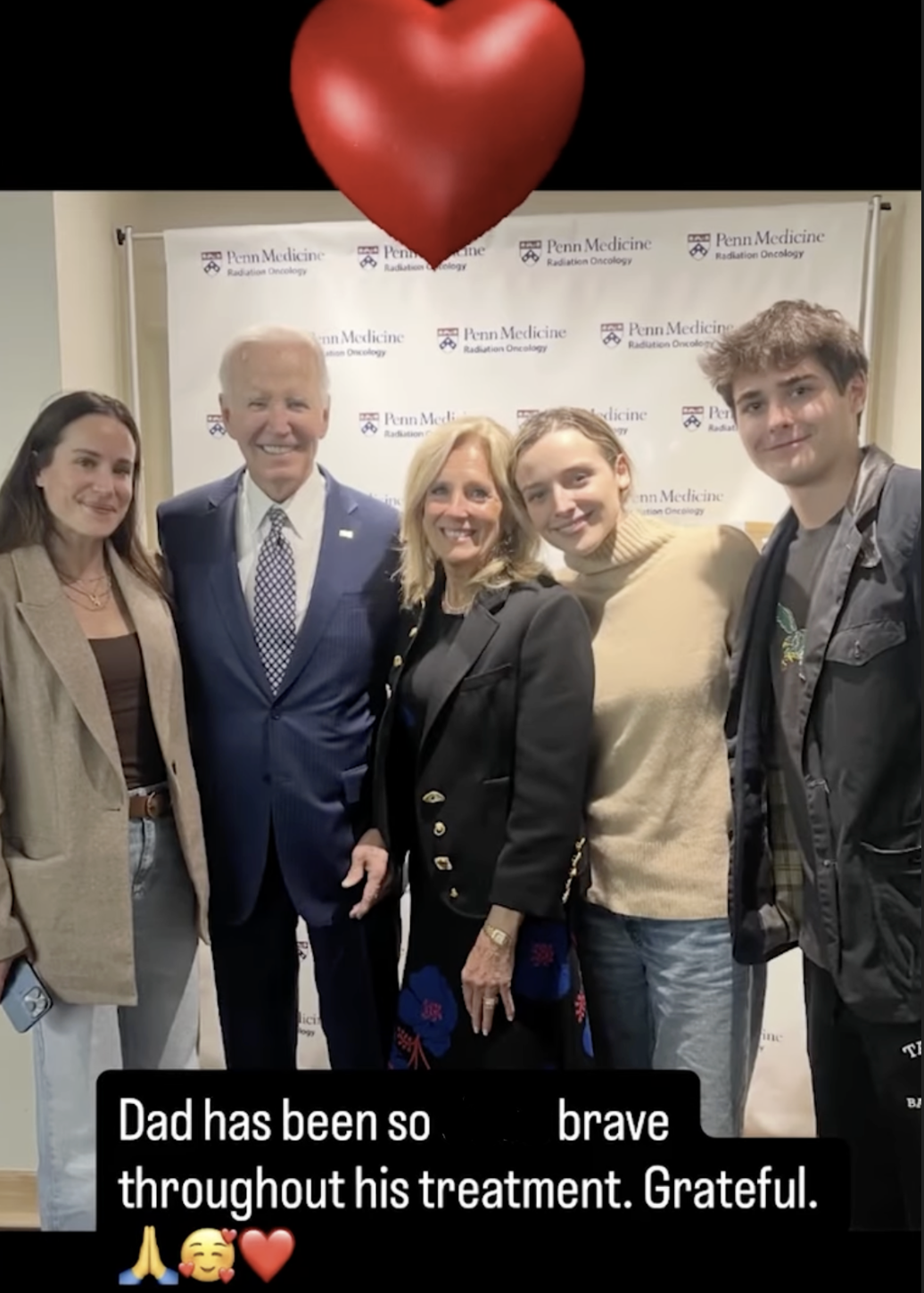 Joe Biden poses with family members, including First Lady Jill Biden, during a visit to the radiation oncology unit | Source: Instagram/ashleyblazerbiden