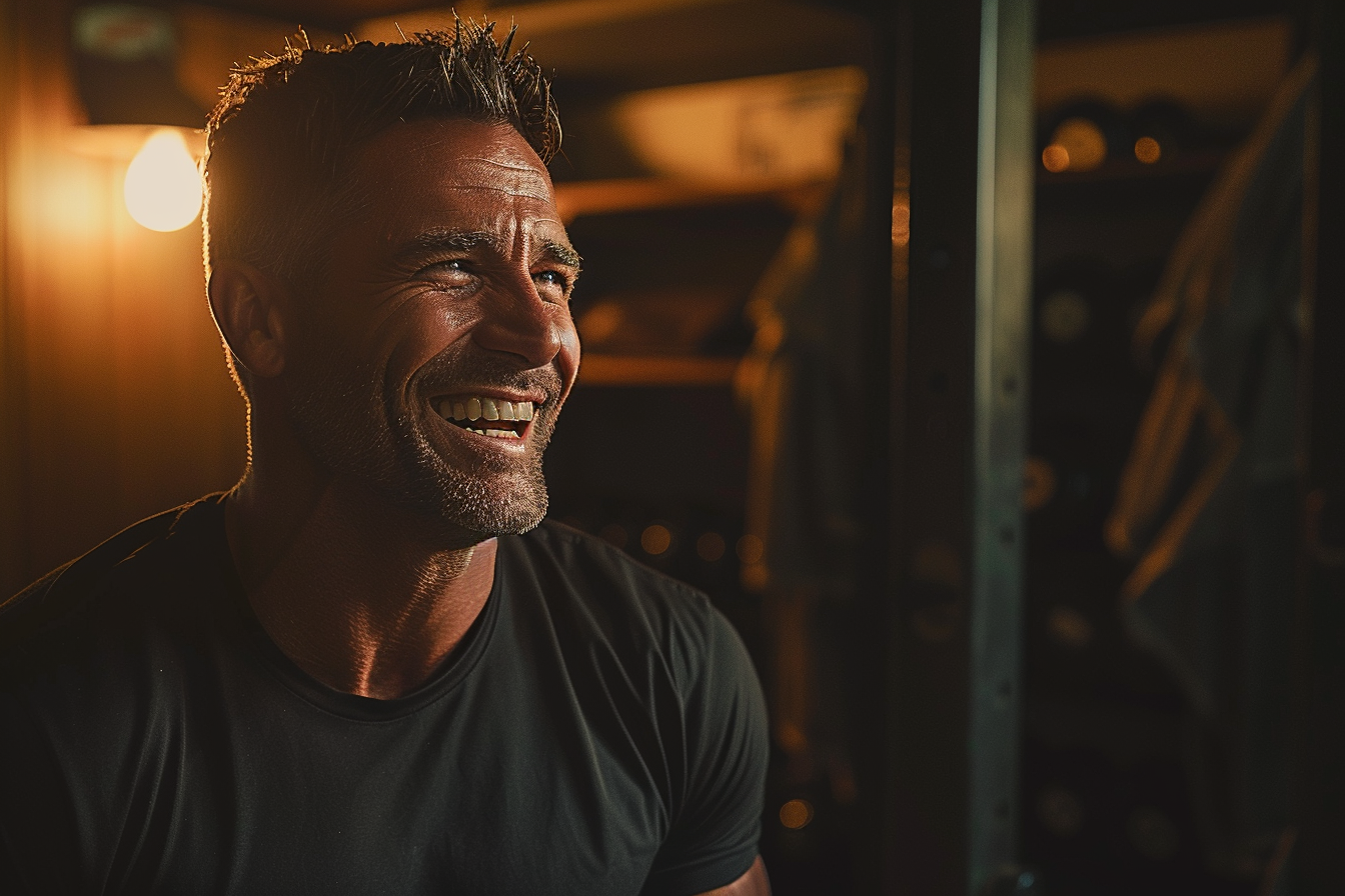 Fitness coach laughing in the gym | Source: Midjourney