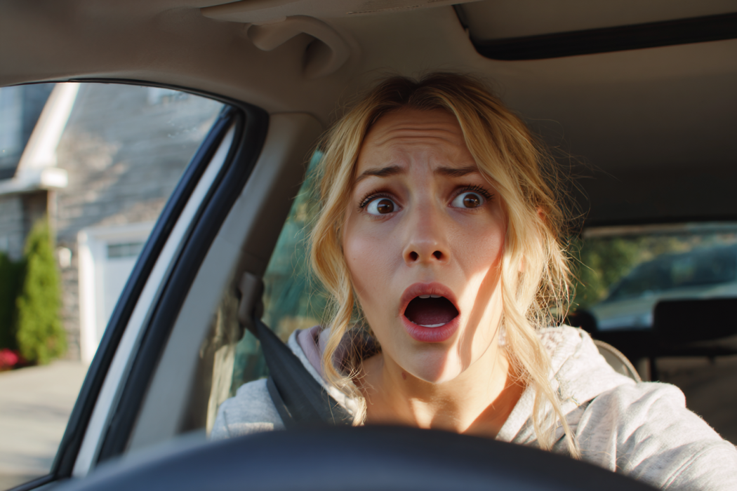A shocked woman sitting in her car | Source: Midjourney