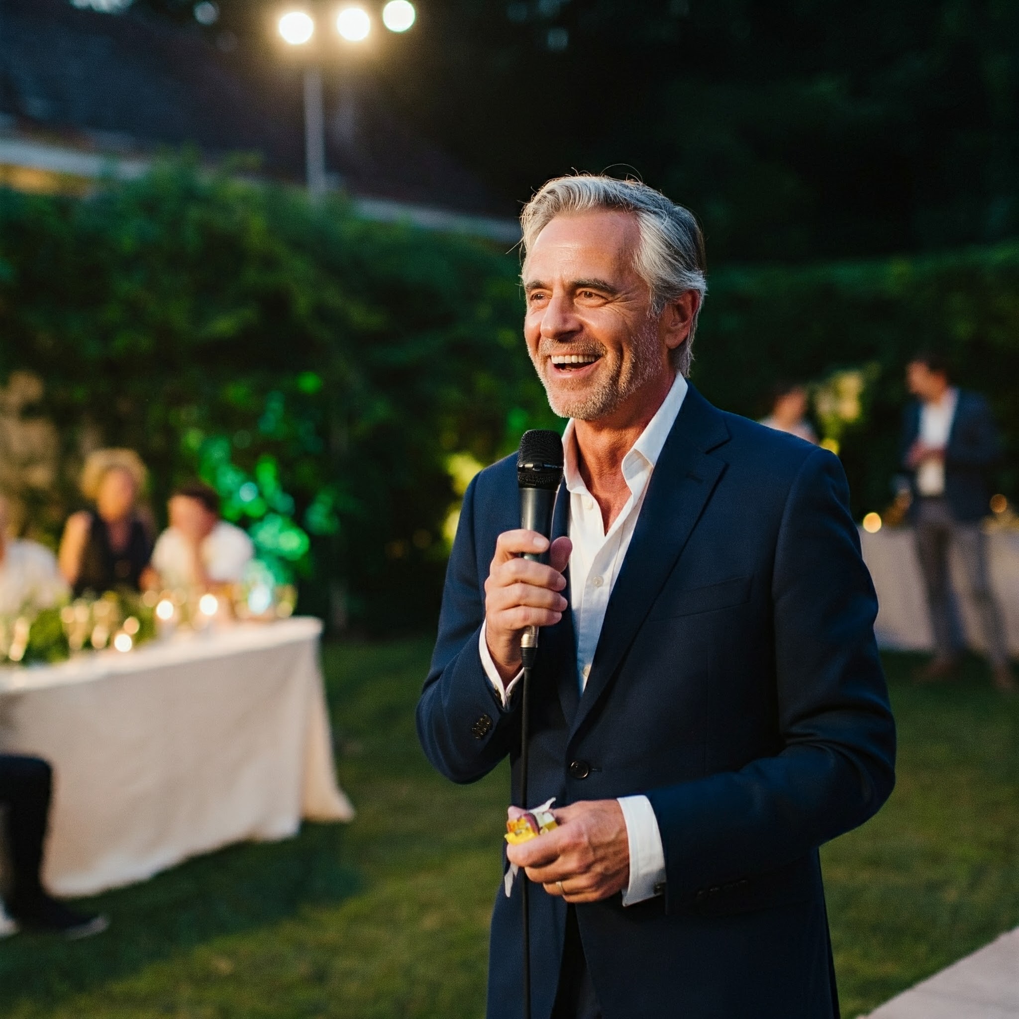 A man with a microphone at a garden party | Source: Gemini