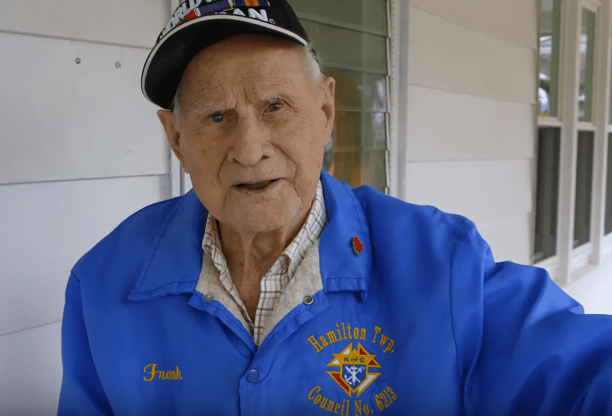World War II veteran Frank J. Uveges during his birthday party. He turned 100 on March 30, 2020. | Photo: YouTube/NJ.com