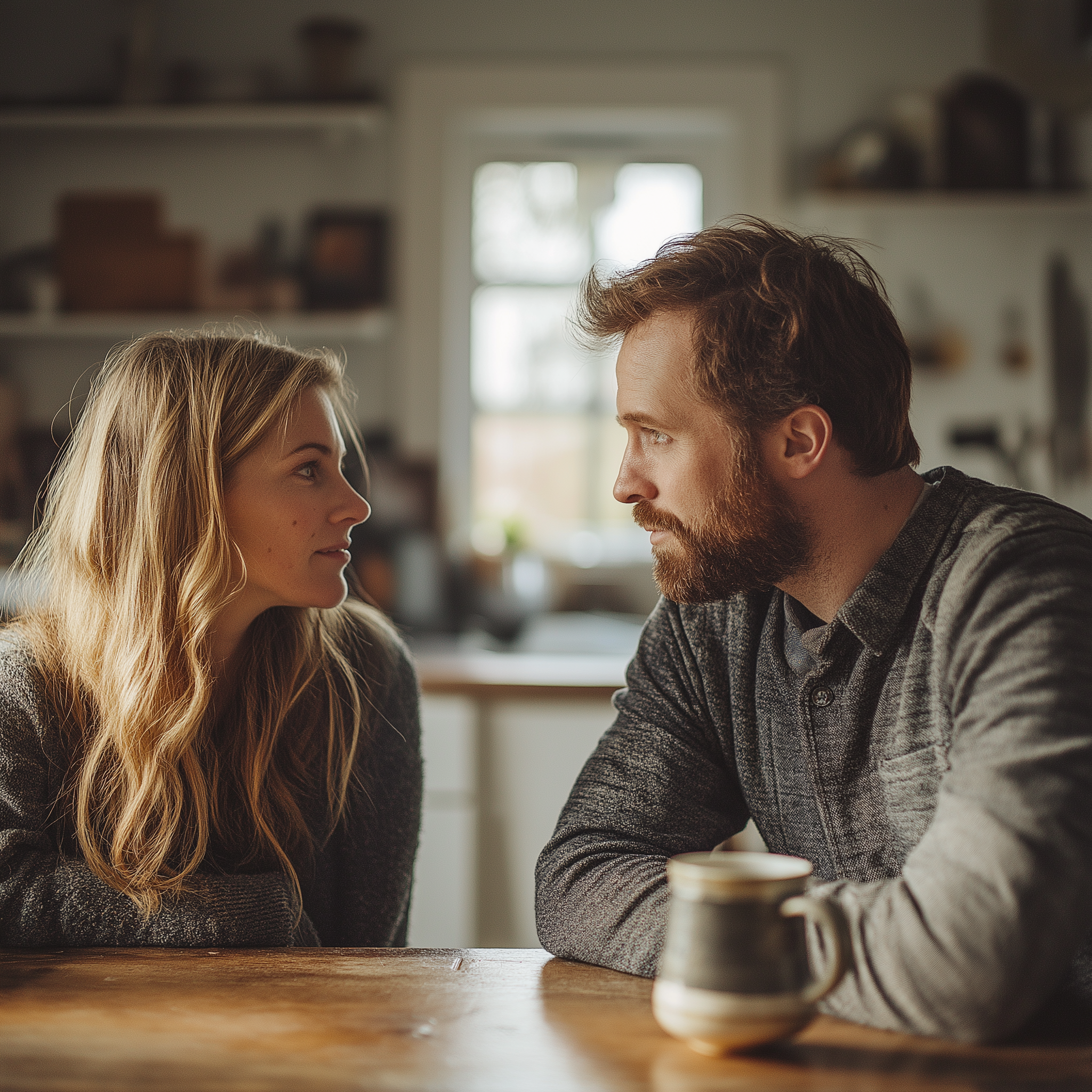 A couple talking while sitting at the kitchen table | Source: Midjourney