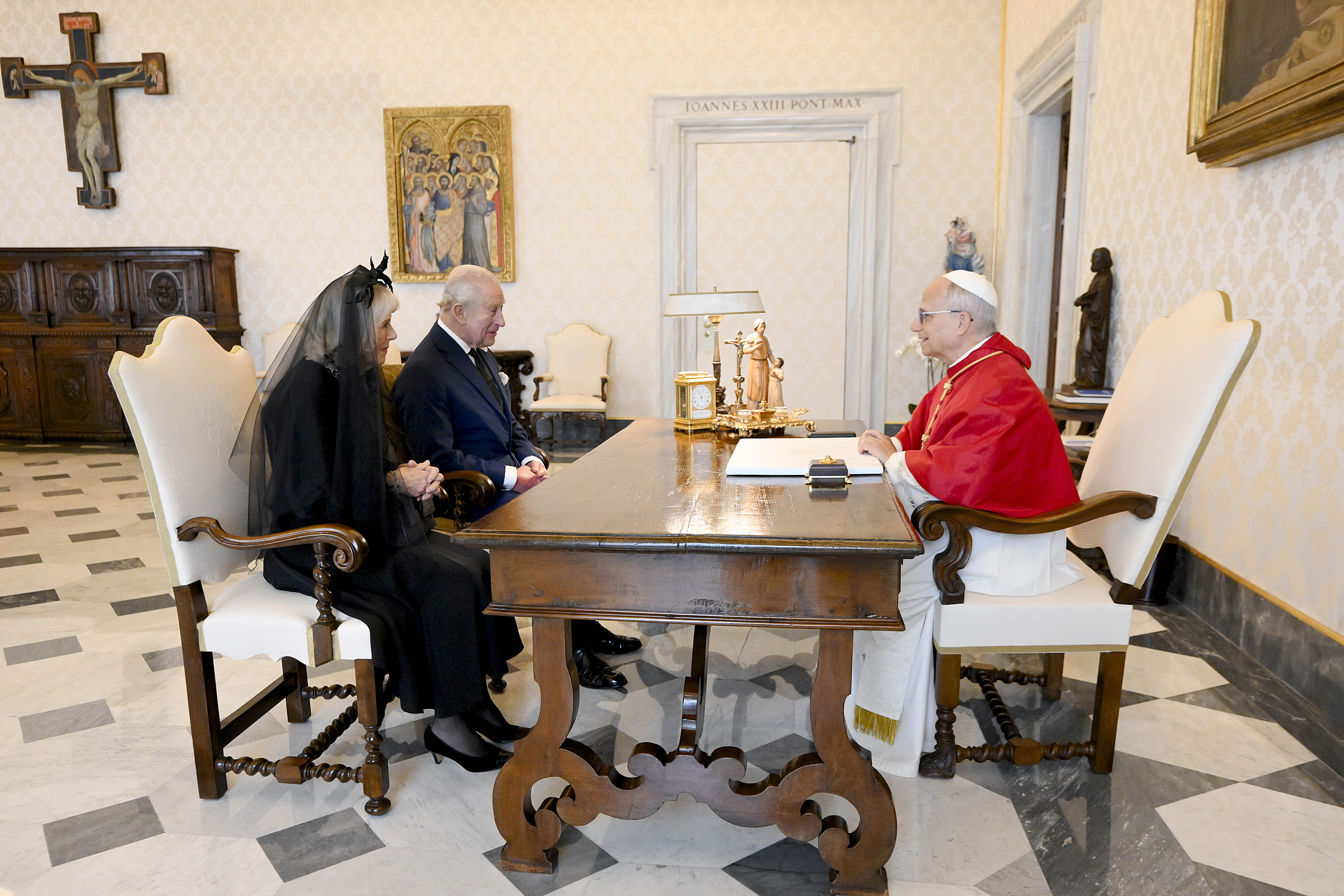 Pope Leo XVI meets with King Charles III and Queen Camilla during an audience at the Apostolic Palace on October 23, 2025 | Source: Getty Images
