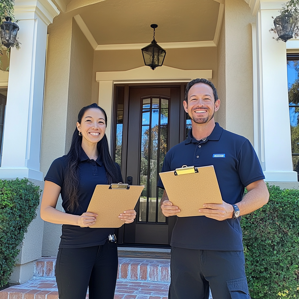 People standing holding clipboards standing outside a house | Source: Midjourney