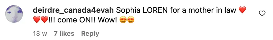 A fan comments on Sasha Alexander's Instagram post featuring Sophia Loren | Source: Instagram/sashaalexander