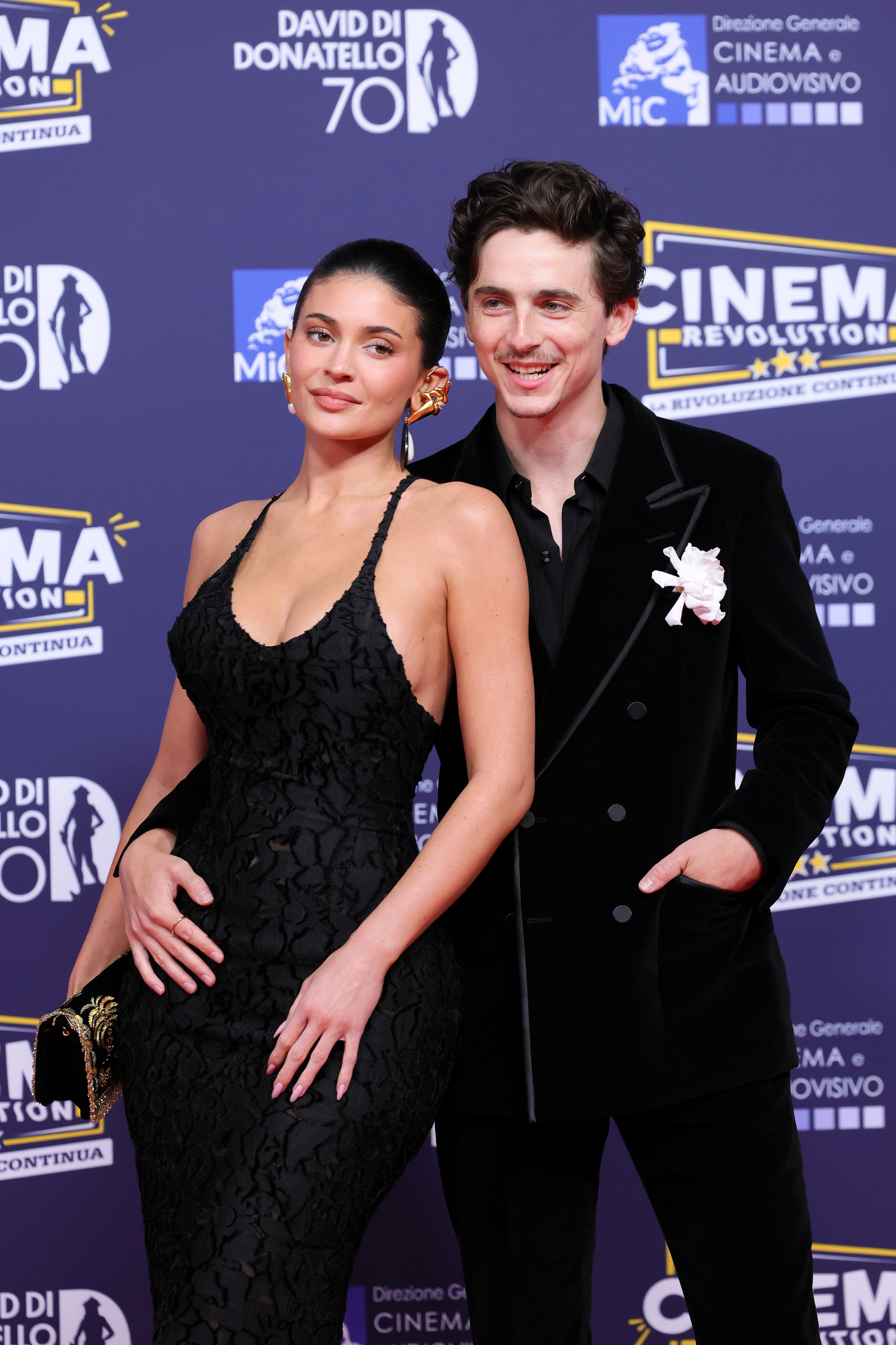 Timothée Chalamet and Kylie Jenner attend a photocall at the 70th David Di Donatello in Italy on May 7, 2025.