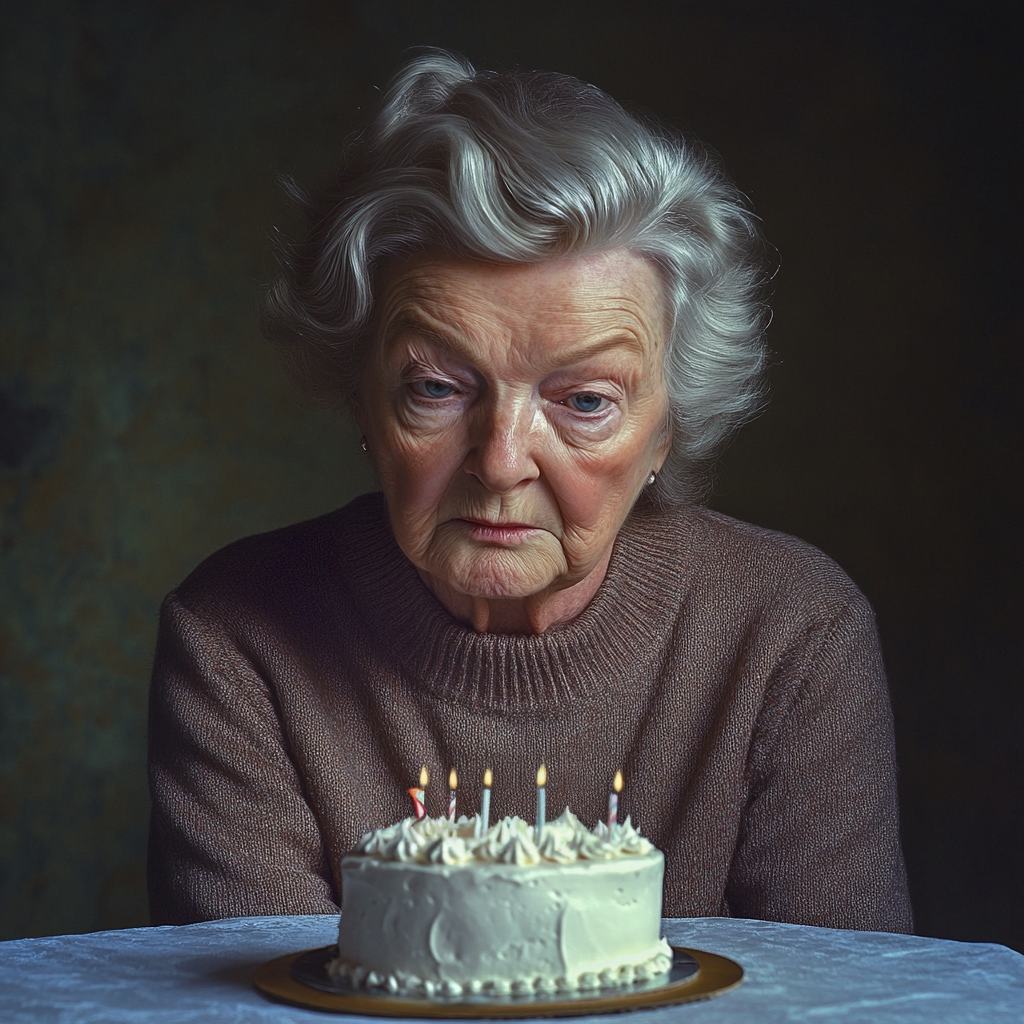 Uma mulher idosa triste olhando para seu bolo de aniversário | Fonte: Midjourney