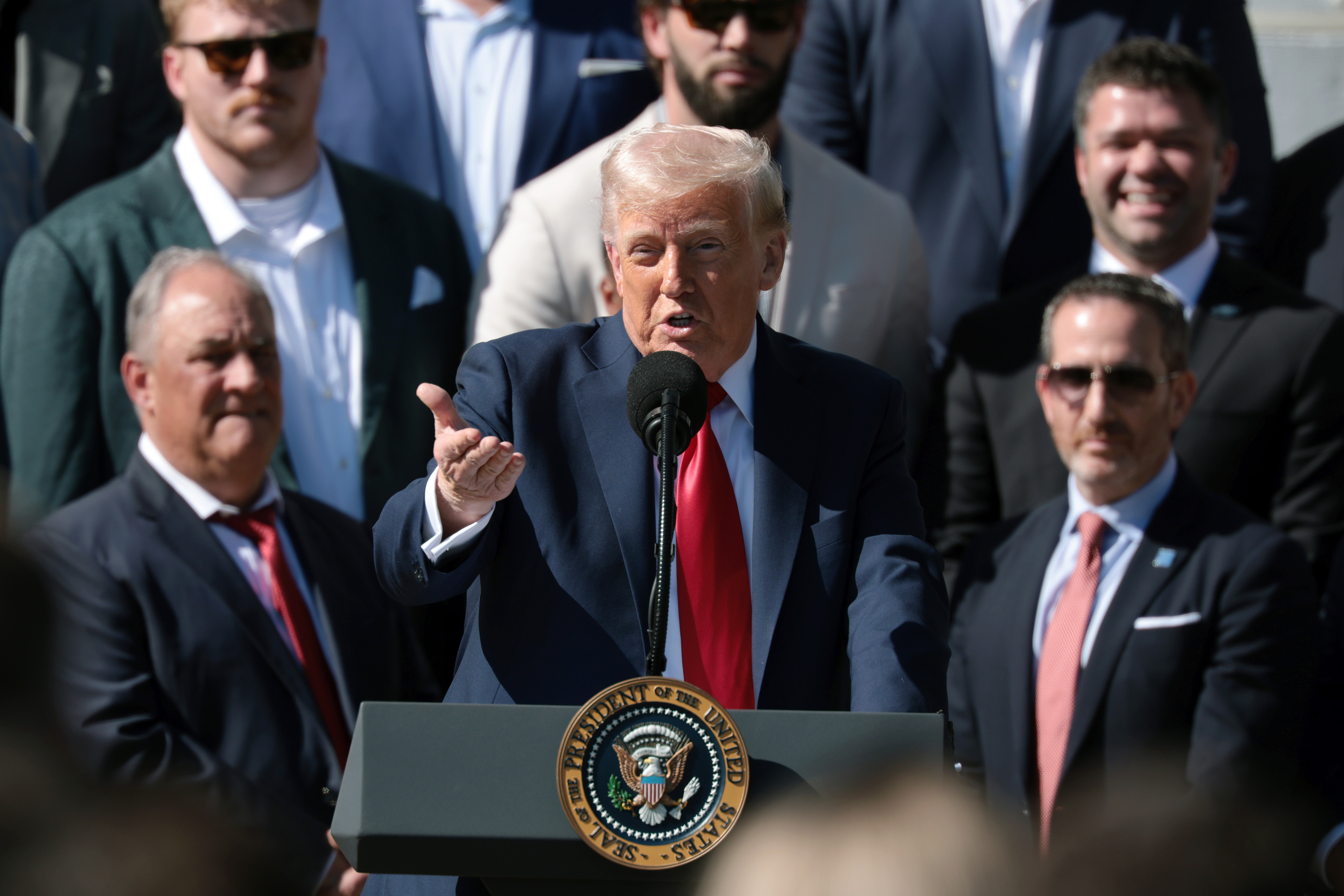 President Donald Trump delivers remarks at an event welcoming the 2025 Super Bowl Champion Philadelphia Eagles on the South Lawn of the White House on April 28, 2025, in Washington, DC. | Source: Getty Images