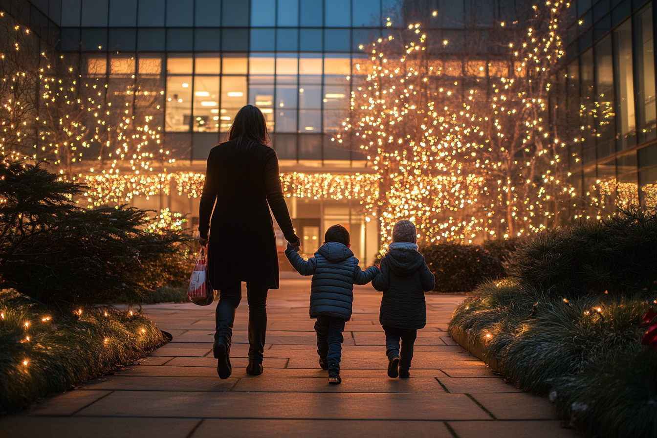 A woman and her children approaching an office building | Source: Midjourney