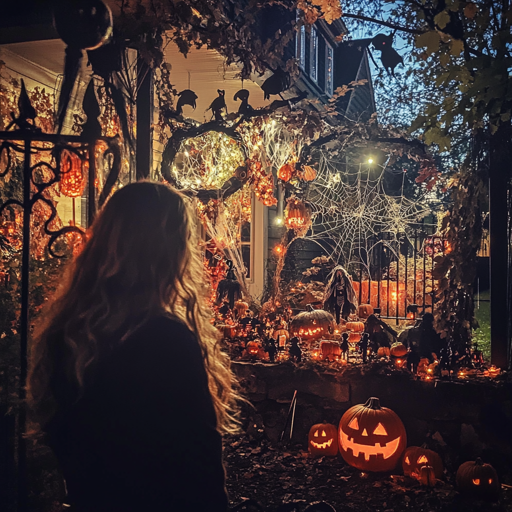 Woman staring at Halloween decorations | Source: Midjourney