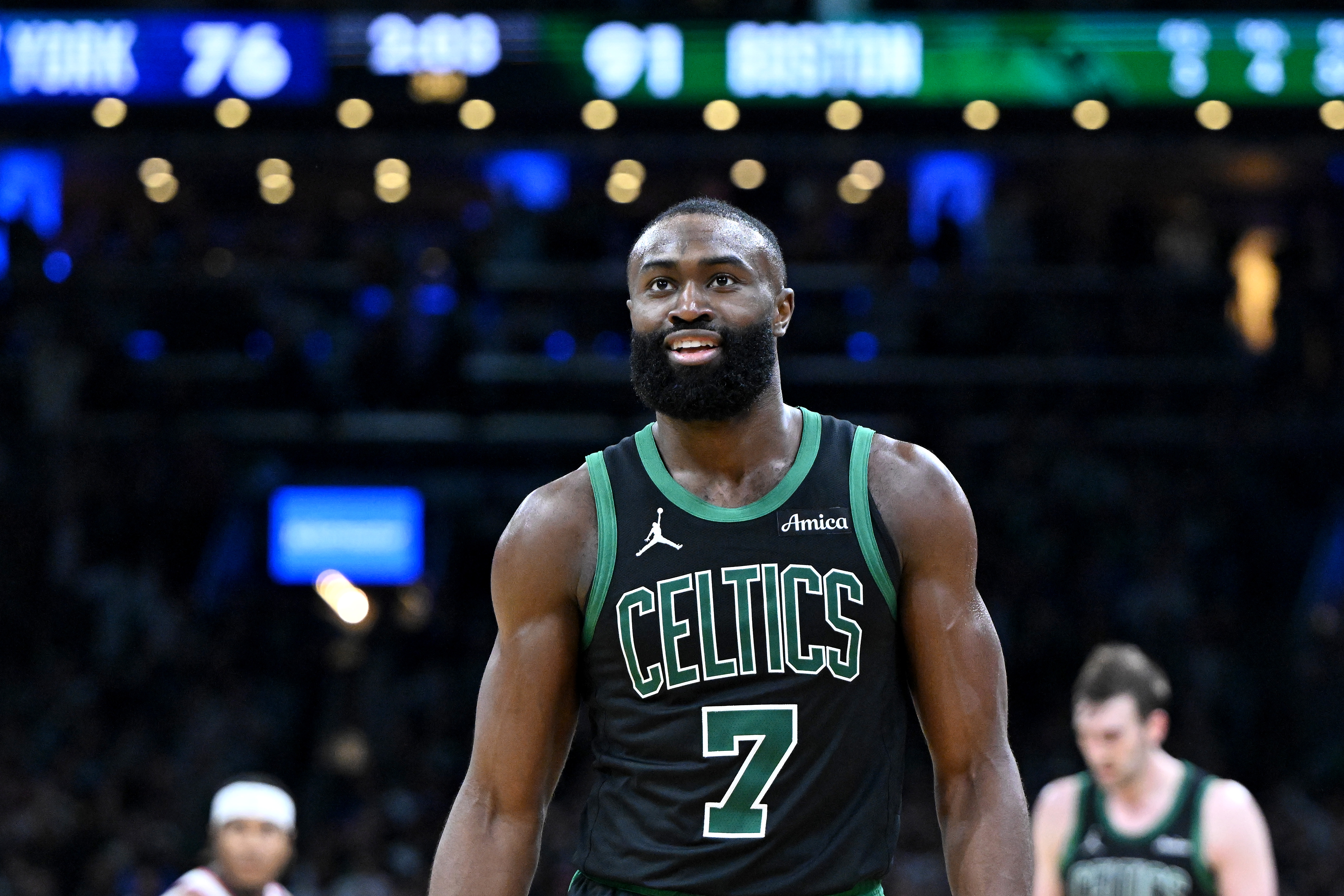 Jaylen Brown reacts during the third quarter of Game Five against the New York Knicks in the Eastern Conference Semifinals at TD Garden in Boston on May 14, 2025. | Source: Getty Images