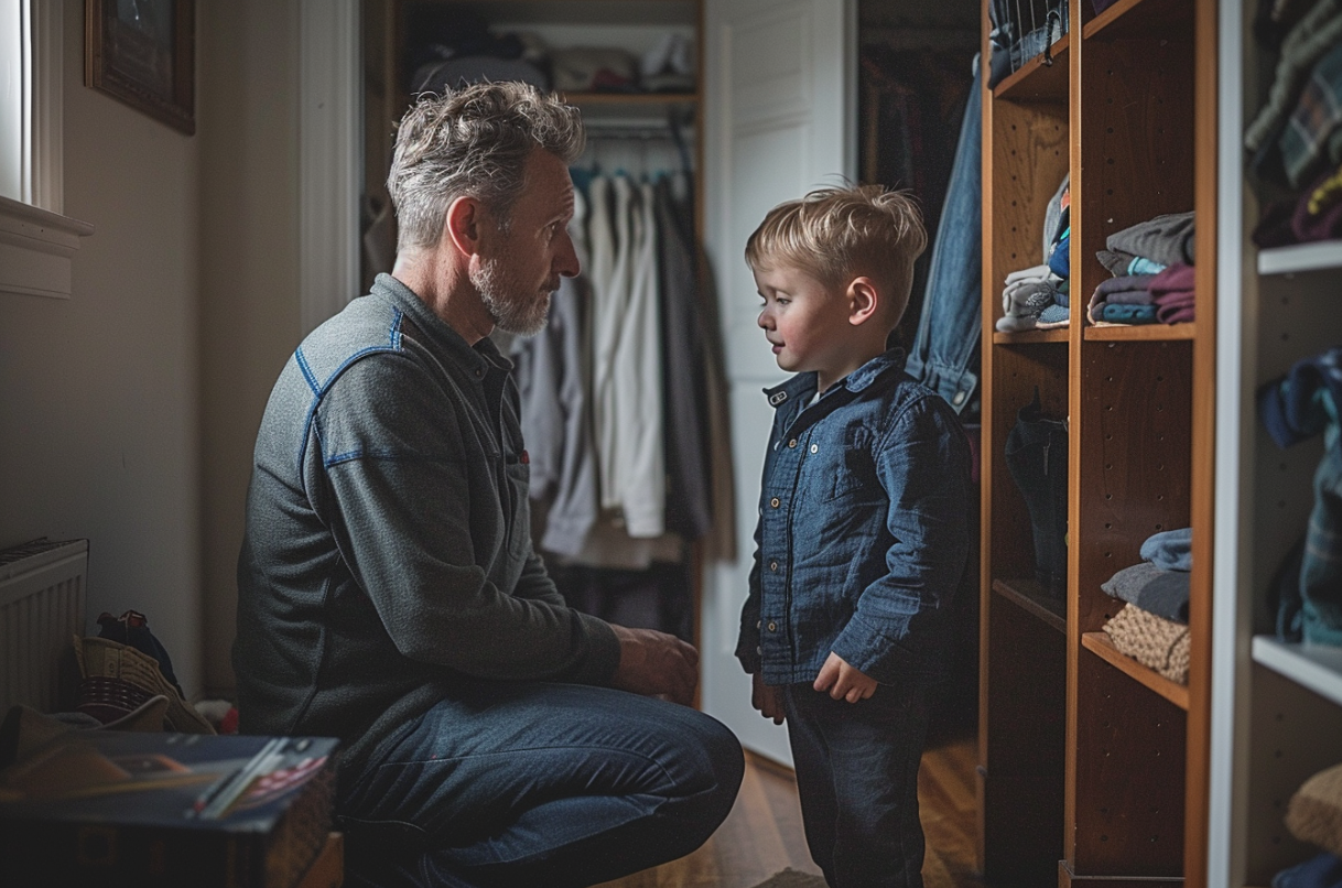 A young boy speaking to his father outside a hallway closet | Source: Midjourney