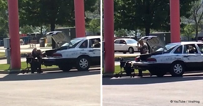 Bizarre video captures 'disabled' beggar getting out of wheelchair to sit in his car