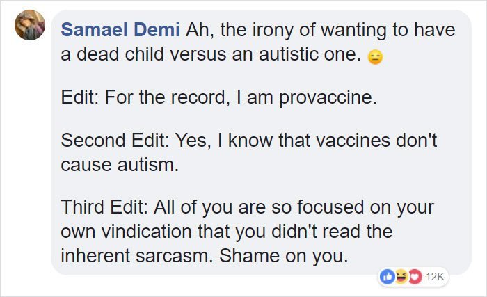 One Facebook user didn't beat around the bush. Image credit: Facebook/Natural Health Anti-Vaxx Community