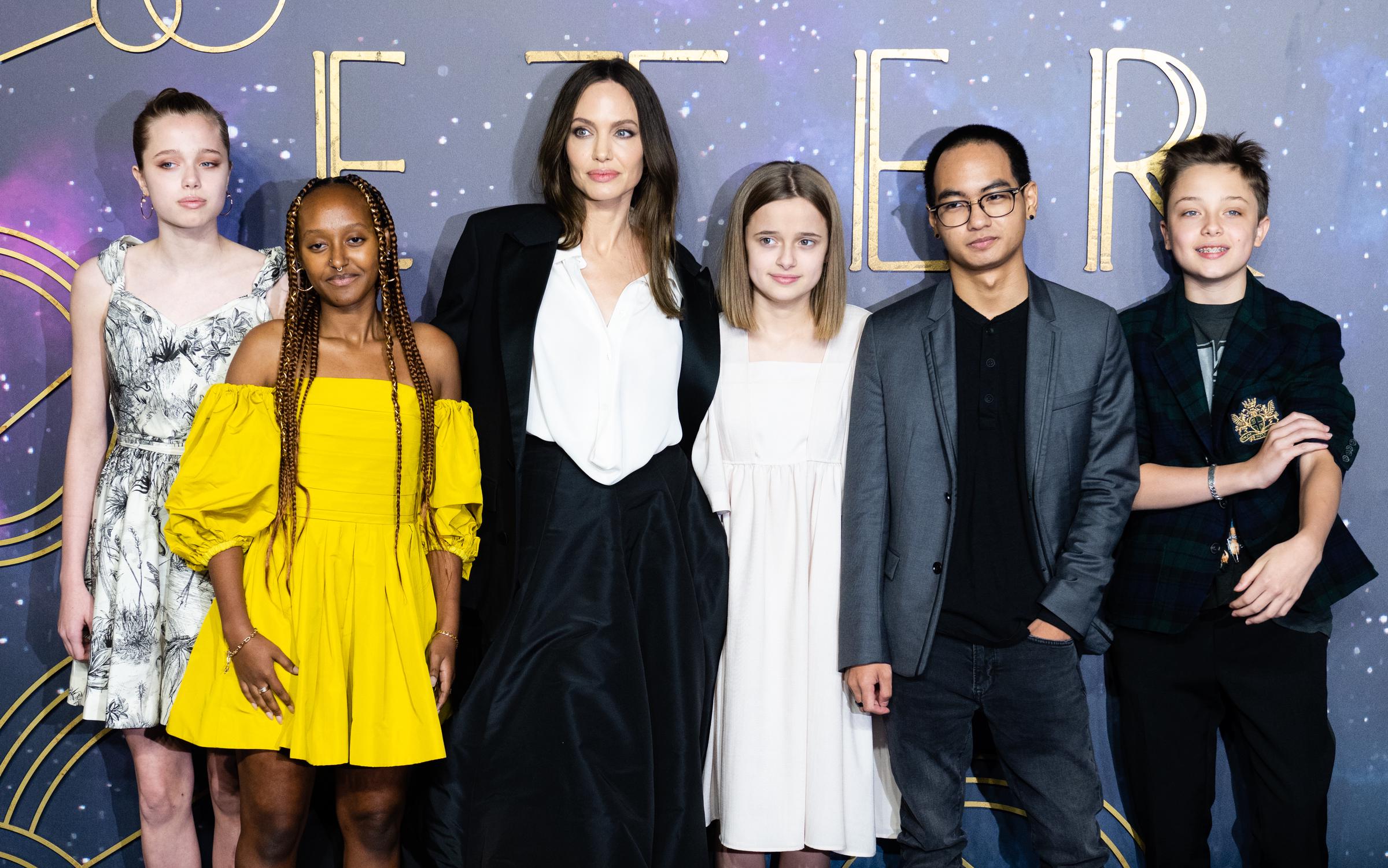 Shiloh, Zahara, Angelina, and Vivienne Jolie with Maddox and Knox Jolie-Pitt at the U.K. premiere of "The Eternals" in London, England on October 27, 2021 | Source: Getty Images