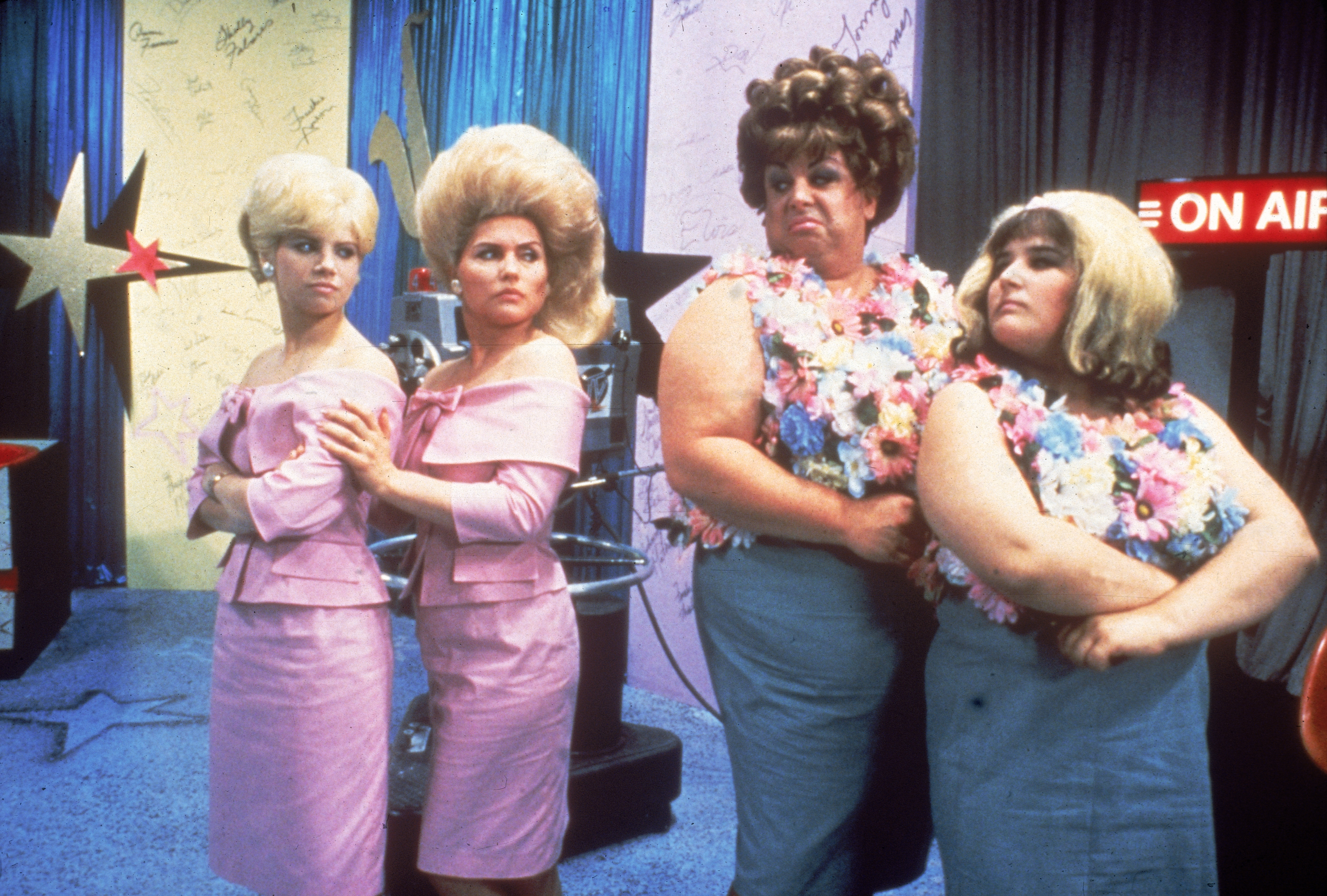 Colleen Fitzpatrick, Debbie Harry, Divine, and Ricki Lake in a scene from 'Hairspray,' in 1988. | Source: Getty Images