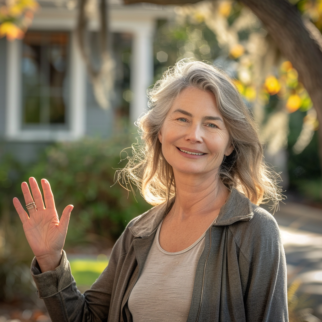 A middle-aged woman smiles while waving at someone | Source: Midjourney