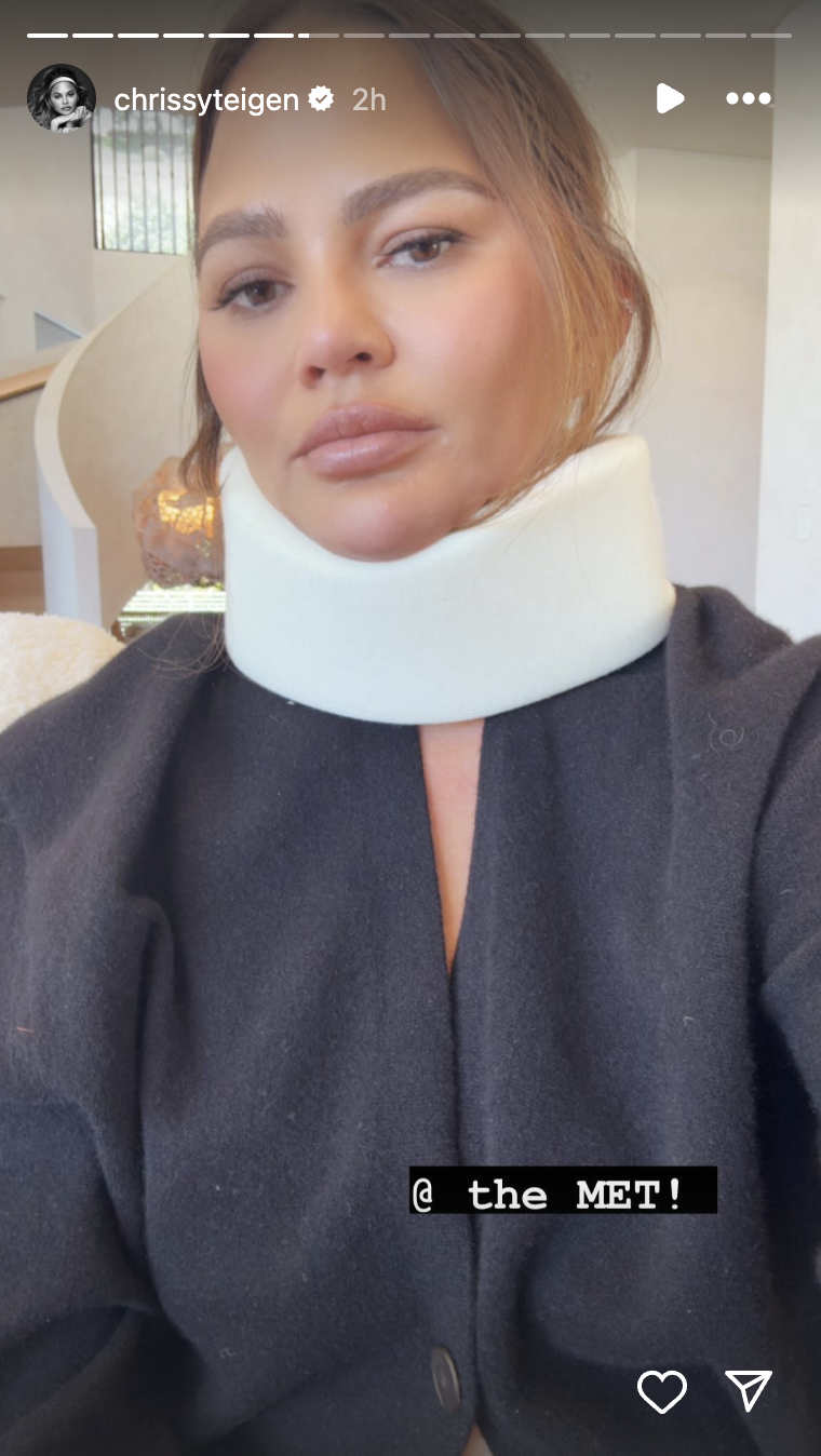 Chrissy Teigen shows her neck brace in an Instagram story, dated May 2024 | Source: Instagram/ChrissyTeigen