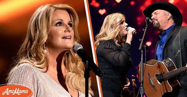 American singer Trisha Yearwood performing on stage. [Left] | Couple Trisha Yearwood and Gareth Brooks performing together on stage. [Right] | Photo: Getty Images