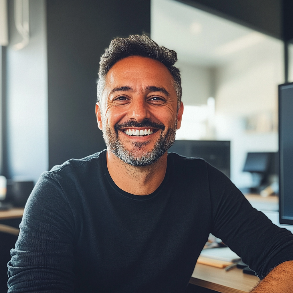 A smiling man sitting in his office | Source: Midjourney