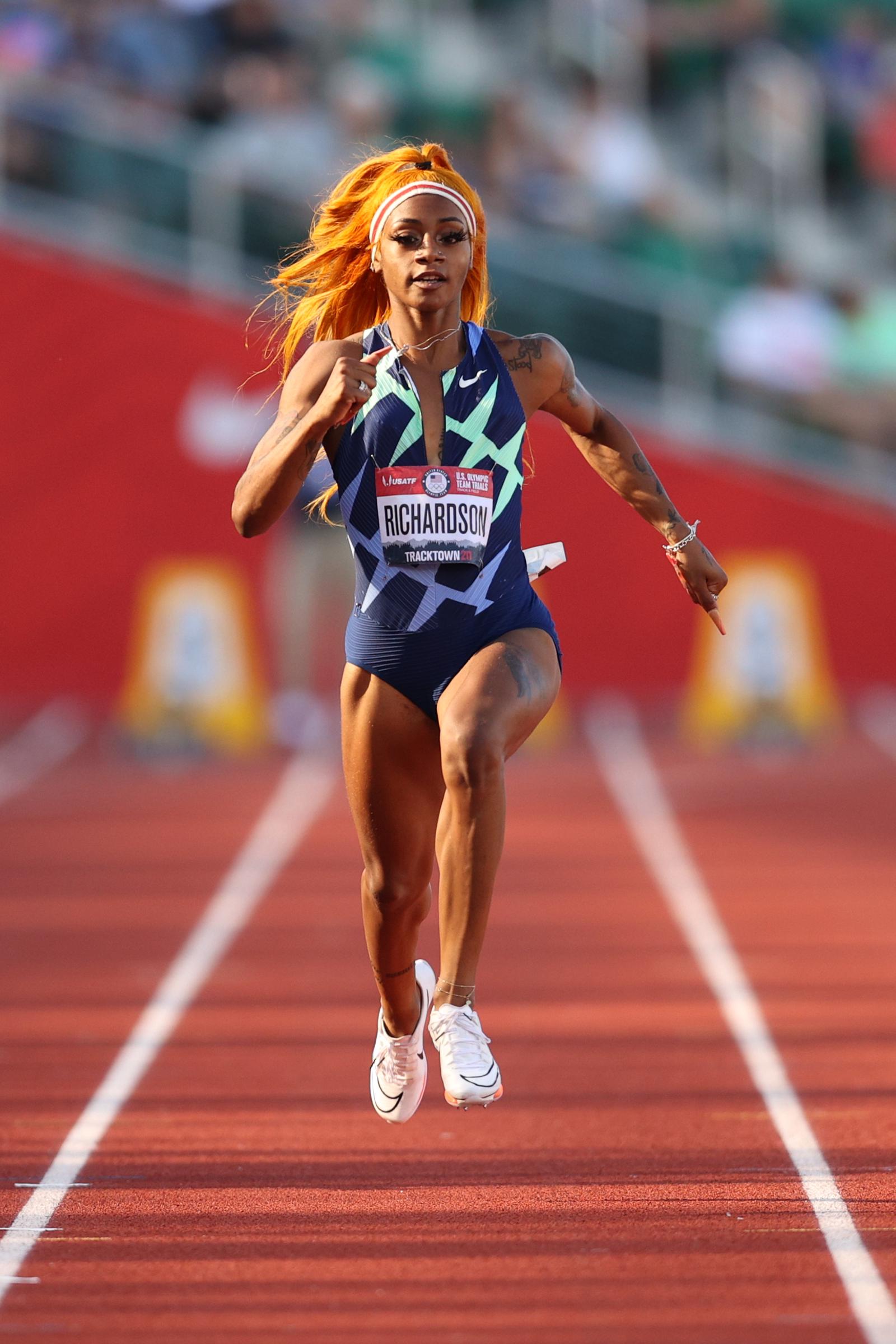 ShaCarri Richardson running in the Womens 100-meter Semifinal on day two of the 2020 U.S. Olympic Track and Field Team Trials on June 19, 2021, in Eugene, Oregon. | Source: Getty Images