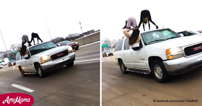 Two young women filmed twerking on top of a moving car in rush hour traffic