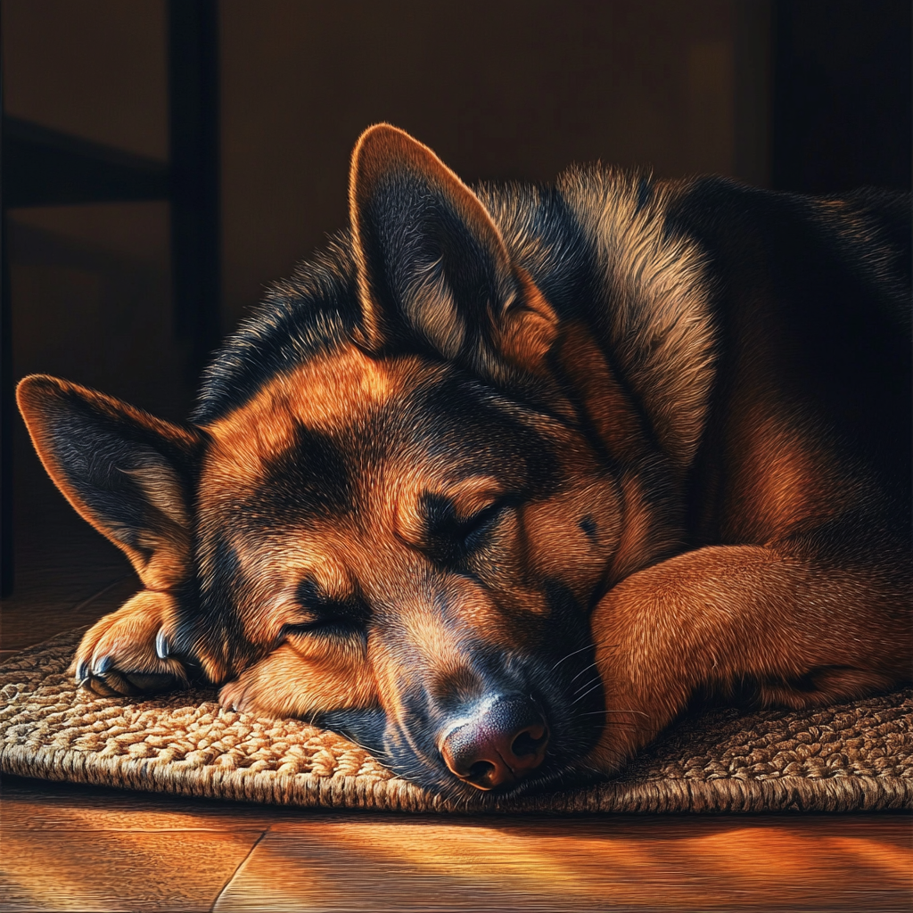 A German Shepherd fast asleep on a mat | Source: Midjourney