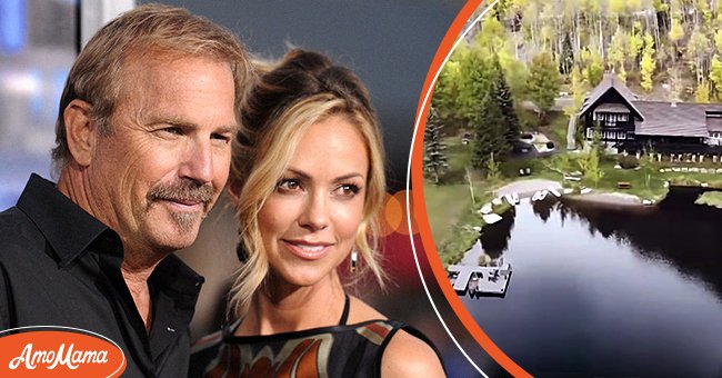 Kevin Costner and Christine Baumgartner at the premiere of "Draft Day" on April 7, 2014, in Los Angeles [left], An aerial view of one of the houses on Costner's ranch [right] | Source: Getty Images, Youtube.com/CNBC Make It
