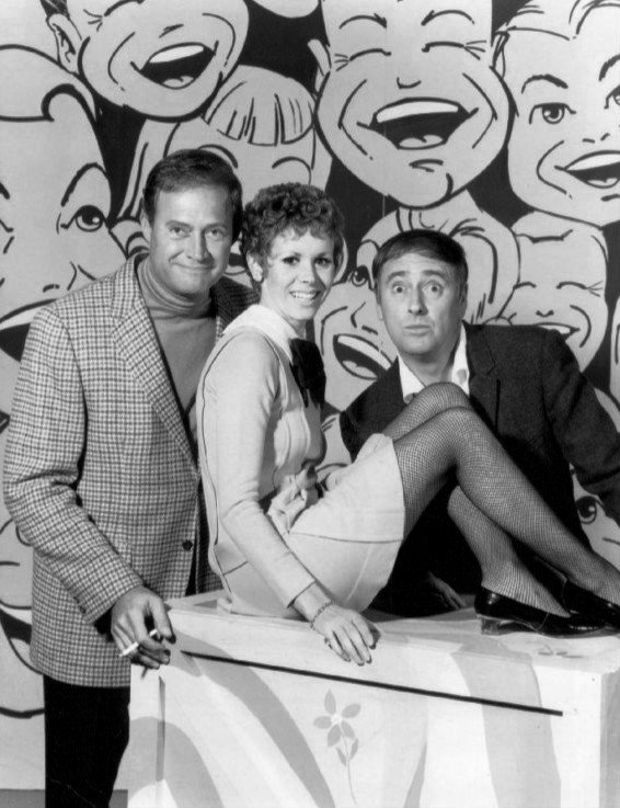 Publicity photo of Dan Rowan, Dick Martin, and Judy Carne as she joins the Rowan & Martin's "Laugh-In" cast. | Source: Wikimedia Commons
