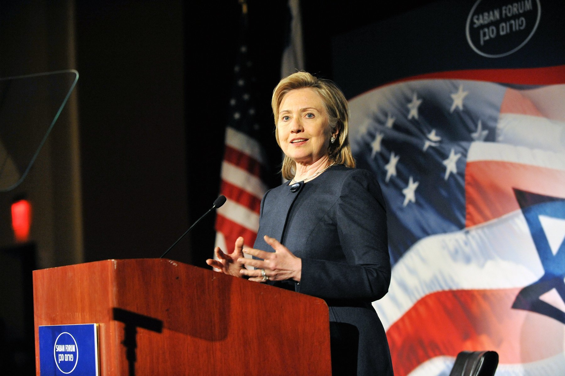 Hillary Clinton speaking at the Saban Forum in 2015. Image credit: Getty/GlobalImagesUkraine