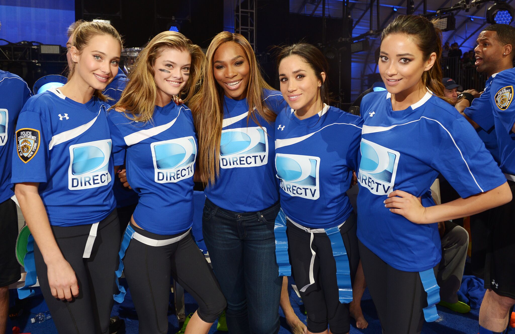 Hannah Davis, Nina Agdal, Serena Williams, Meghan Markle and Shay Mitchell participate in the DirecTV Beach Bowl at Pier 40 on February 1, 2014 | Getty Images