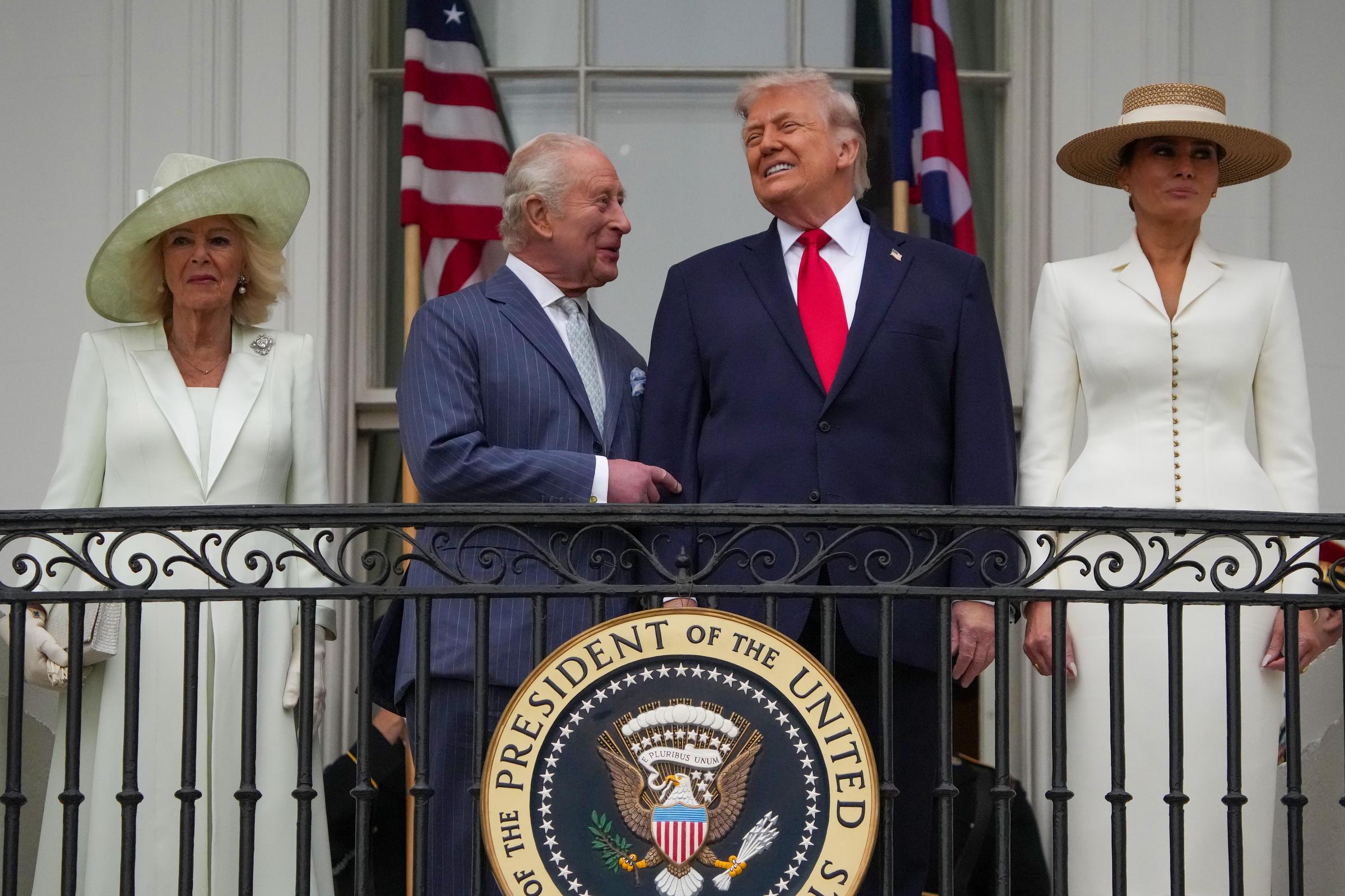 Queen Camilla, King Charles III, Donald and Melania Trump pose on the White House balcony during a State Arrival Ceremony on the White House South Lawn, April 28, 2026. | Source: Getty Images