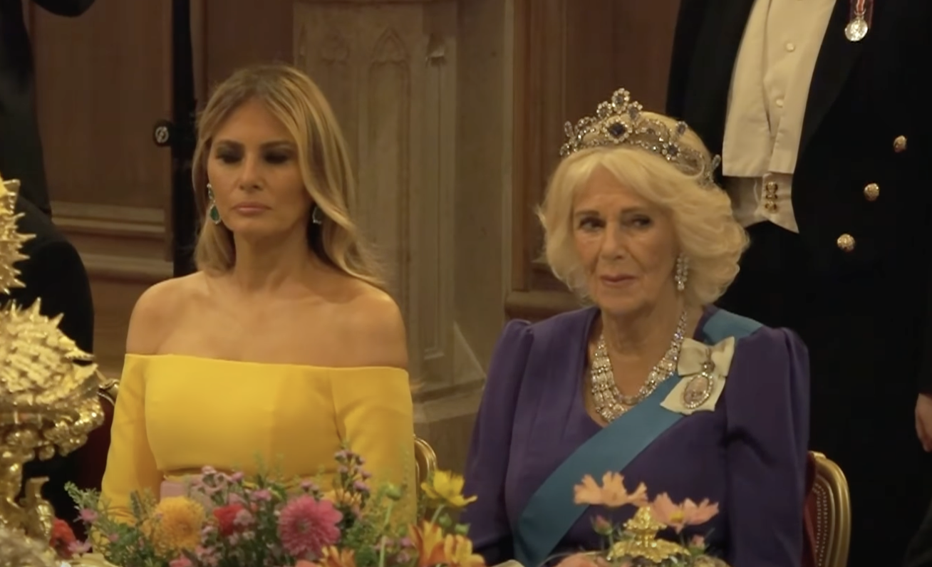 First Lady Melania Trump and Queen Camilla listen to President Donald Trump's speech during the state banquet on September 17, 2025 | Source: YouTube/@WhiteHouse