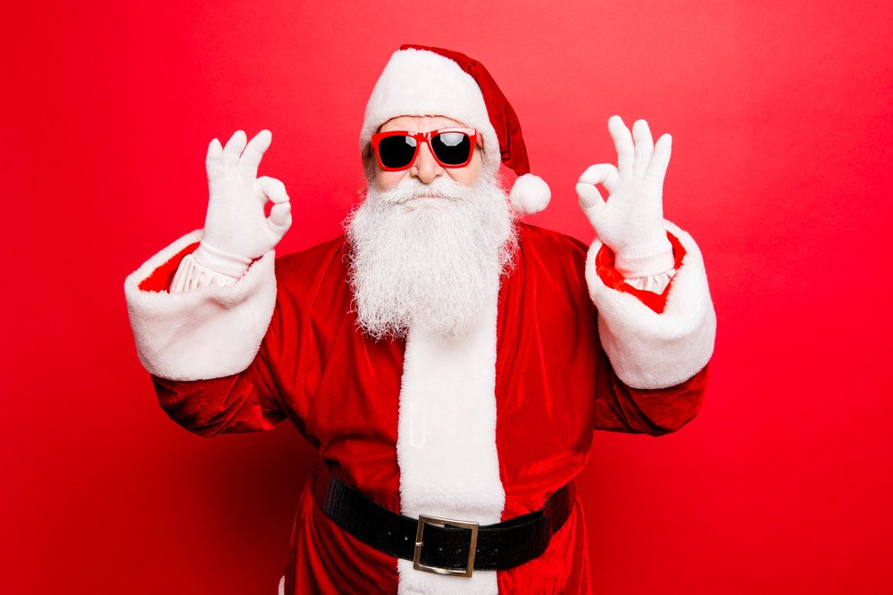 A man dressed in a red Santa Claus costume while wearing sunglasses and flashing the "okay" sign with both hands | Photo: Shutterstock/Roman Samborskyi