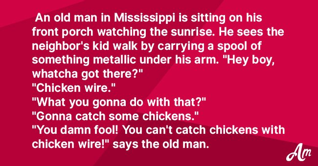 An old man can't believe his eyes when a kid walks past him with chicken wire