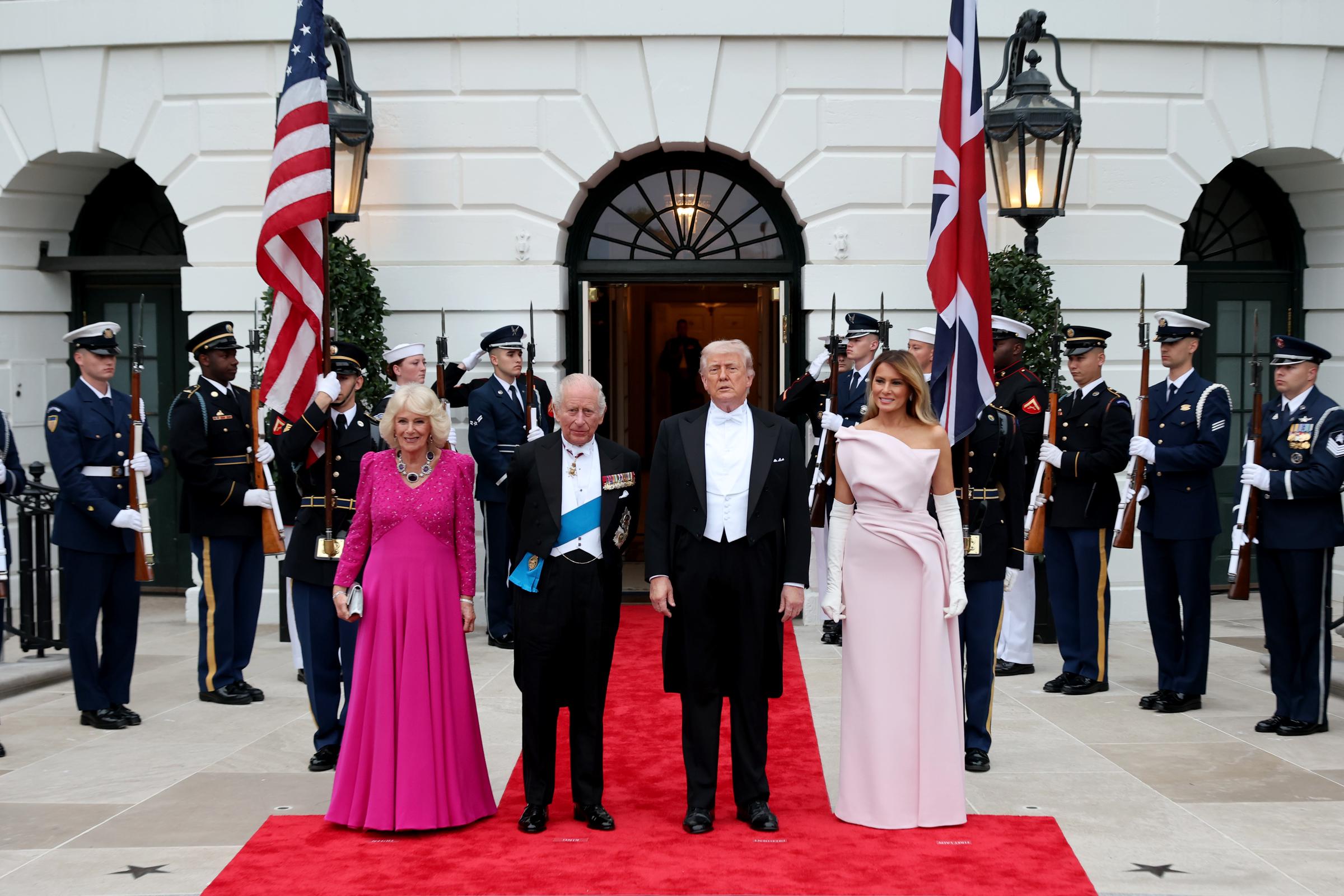 Queen Camilla, King Charles III, Donald Trump, and Melania Trump pose outside during a State Dinner at the White House, April 28, 2026. | Source: Getty Images