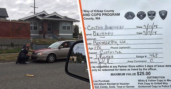 BPD Officers mounting the car plates for Brittany Payne. [Left] The $25 voucher given to her by the cops. [Right] | Photo: facebook.com/BremertonPD  