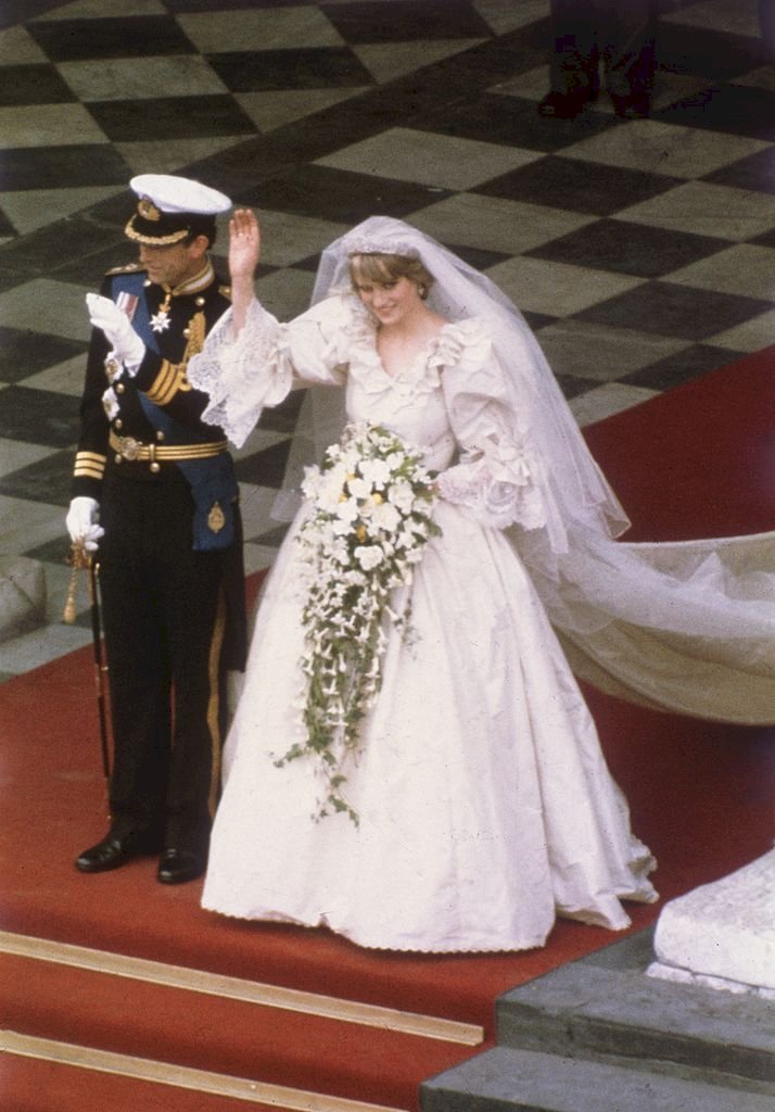 The wedding of Prince Charles and Lady Diana Spencer at St Paul's Cathedral in London, 29th July 1981. The couple leave the cathedral after the ceremony. (Photo by Fox Photos/Hulton Archive/Getty Images)