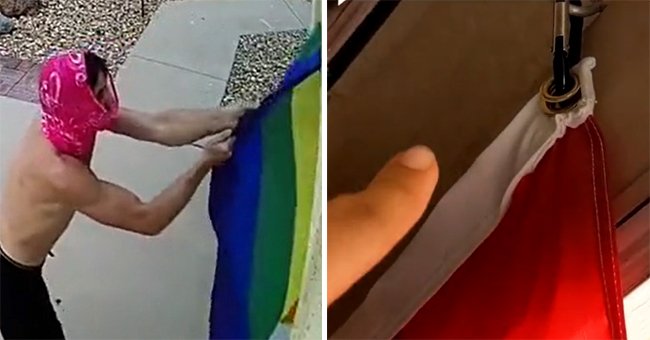 Screenshot of video showing man trying to rip down the pride flag. | Source: tiktok.com/leftovergains
