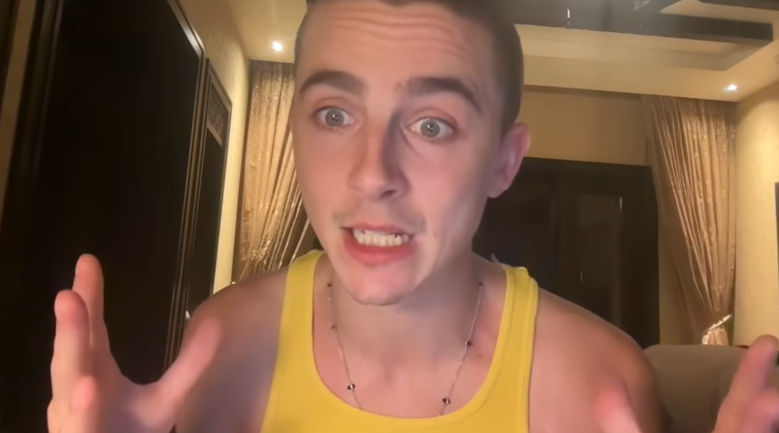 Timothée Chalamet speaks directly to the camera while presenting his visual branding concept for "Marty Supreme," as posted on November 18, 2025 | Source: YouTube/A24