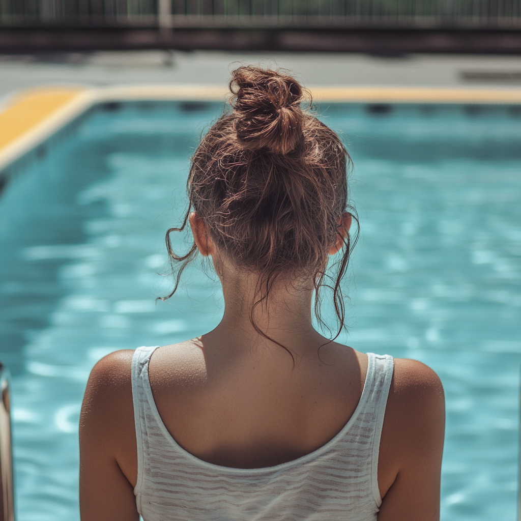 Woman standing next to the swimming pool | Source: Midjourney