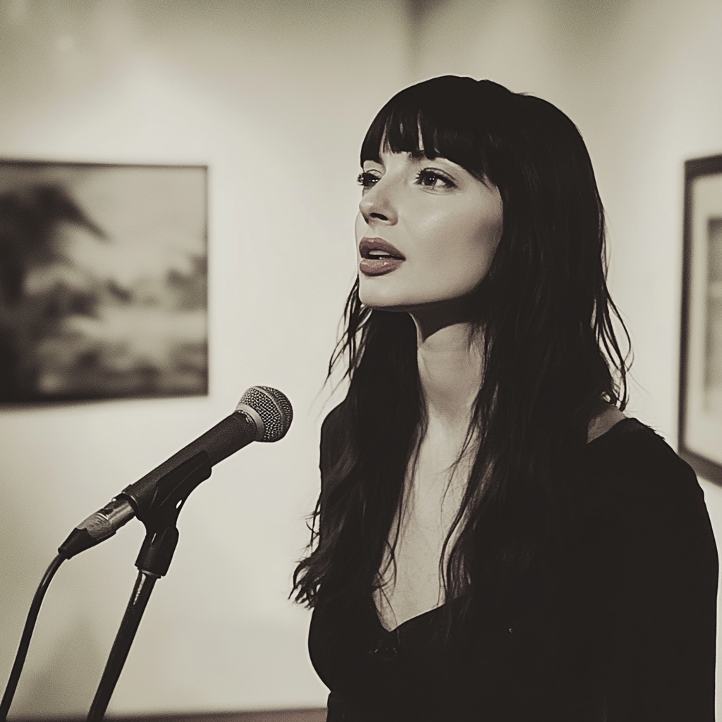 A woman addressing people in a gallery | Source: Midjourney