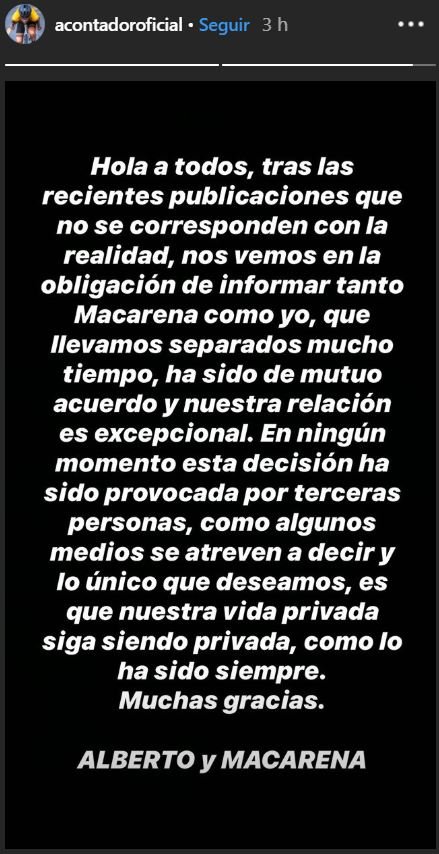Comunicado de Alberto Contador en Instagram. | Foto: Intagram / acontadoroficial