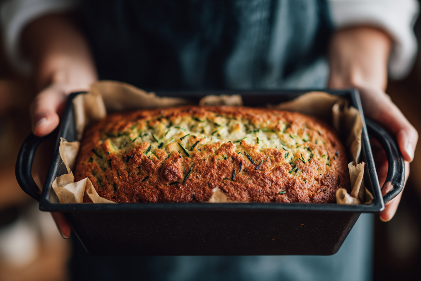 Close-up shot of a woman holding a tray of zucchini bread | Source: Midjourney