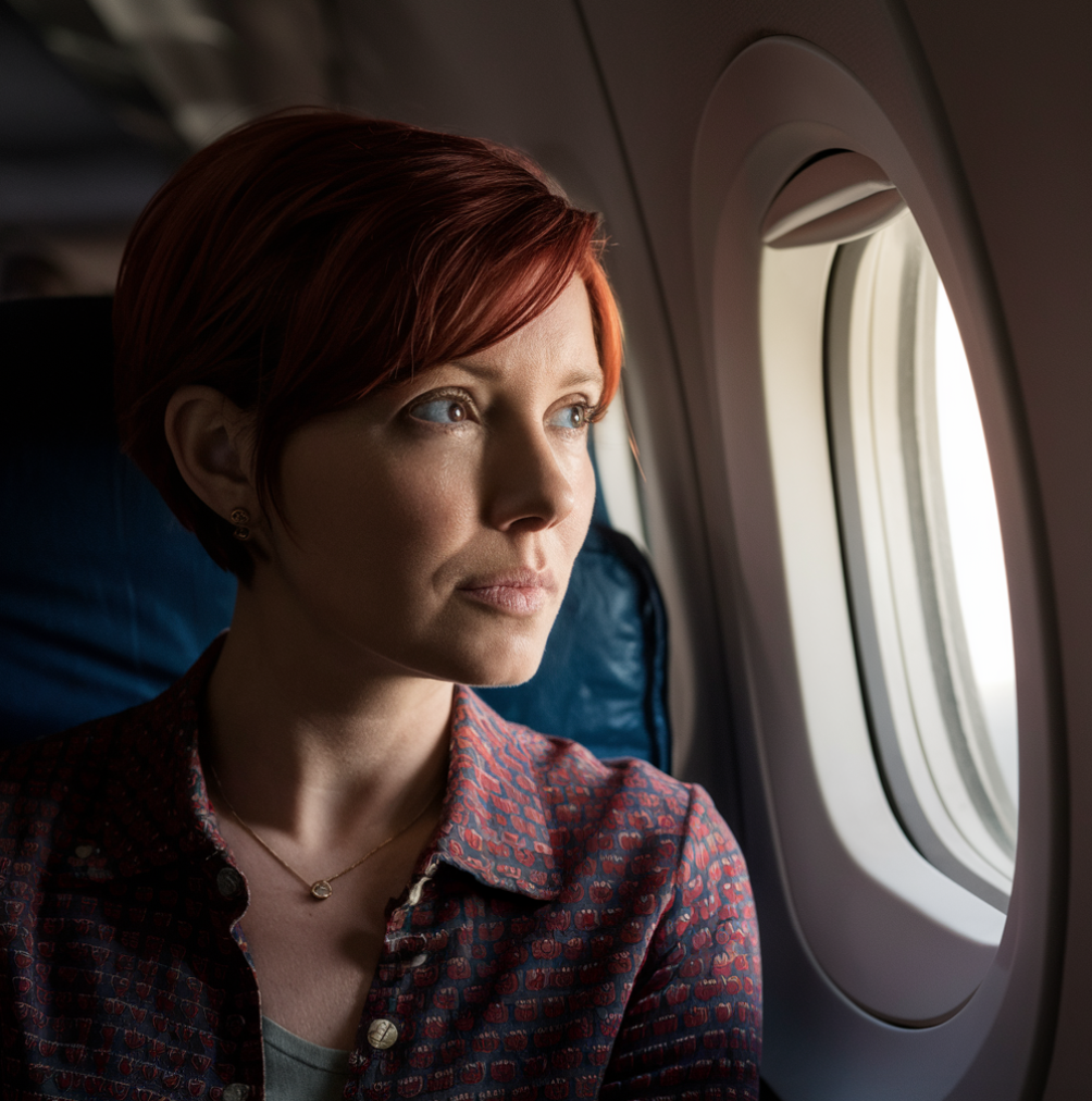 A woman looking contemplatively out of an airplane window | Source: Midjourney